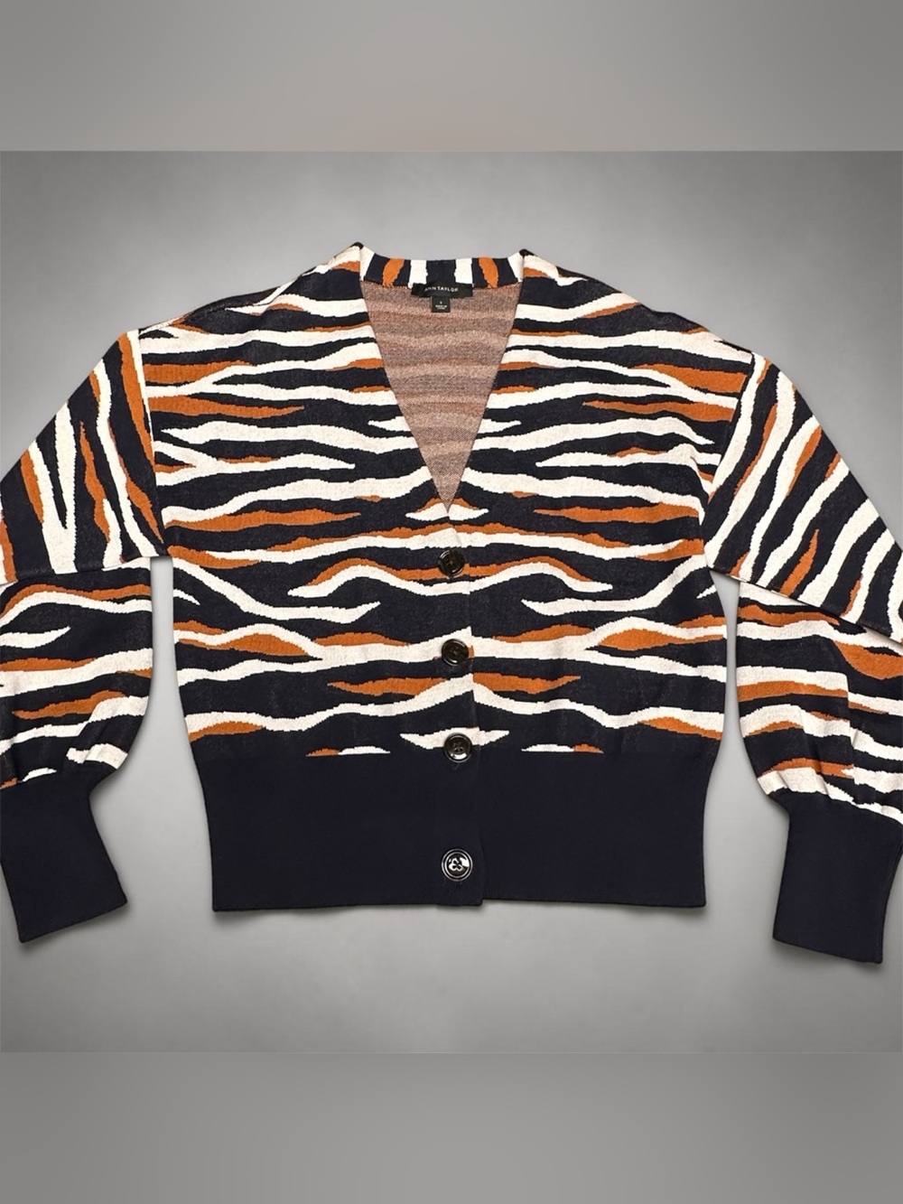 Ann Taylor Navy, Camel & White Tiger-Stripe Cardigan - Size Small NWOT